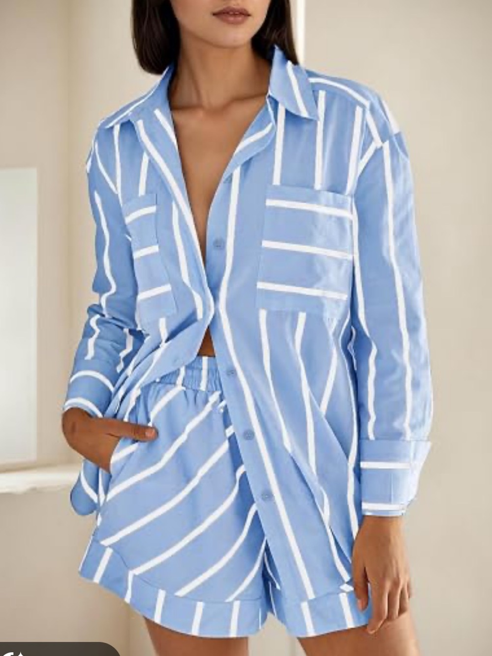 Striped Two-Piece Button-Down Set - Light Blue